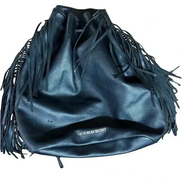 🌟 Victoria's Secret Black Fringe Drawstring Backpack Women's Fashion Accessory 🌟 - Picture 7 of 9